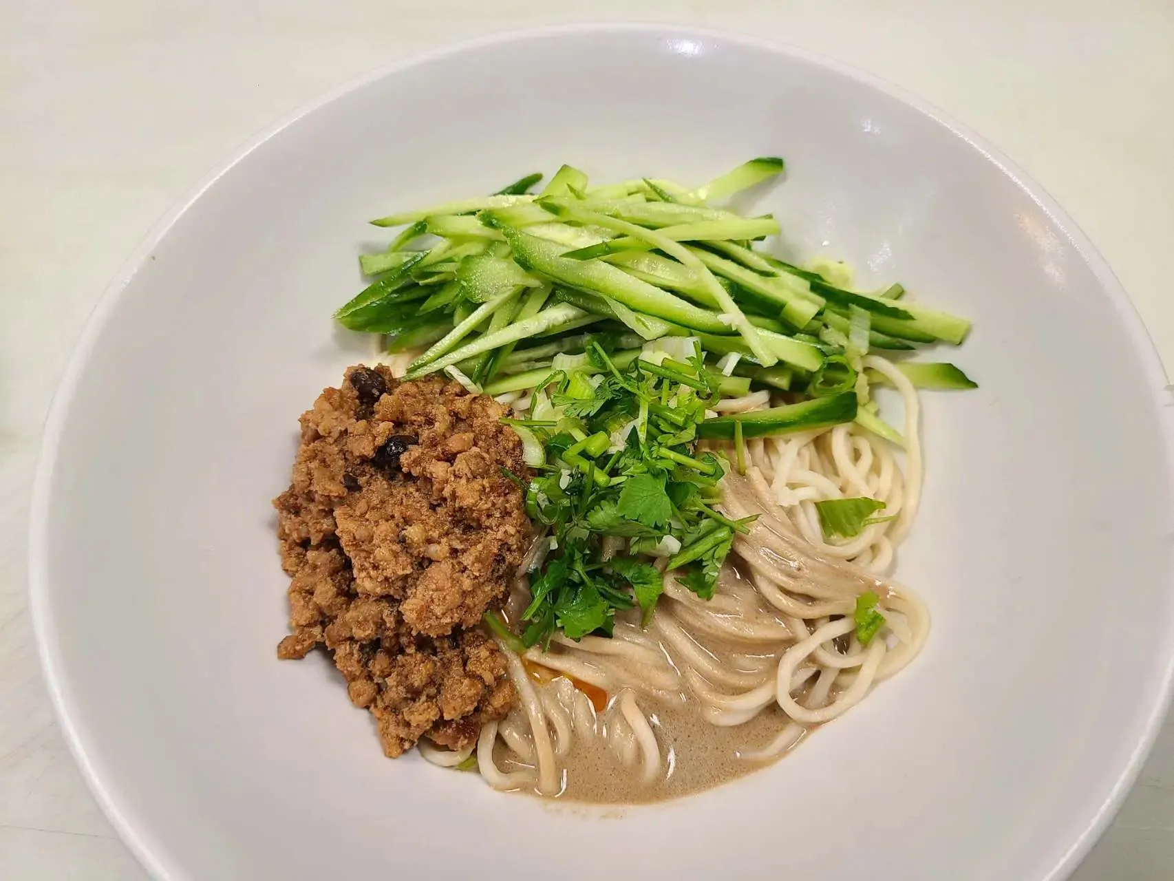 Noodles with sesame sauce, minced pork and cucumber strips at 1st Dumpling N Noodle, a Chinese Restaurant in CA